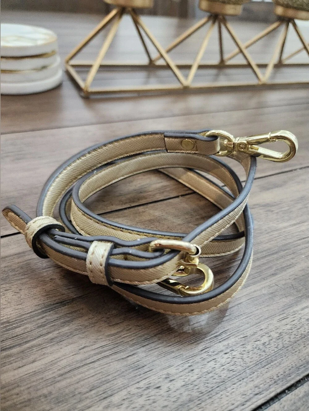 Classic Gold Faux Saffiano Leather Crossbody Strap with Gold Hardware 49 In Long